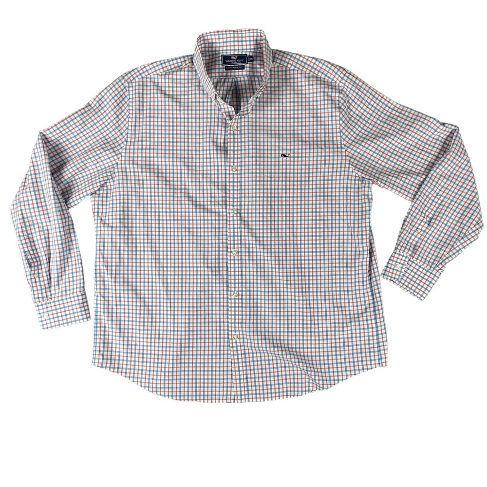 Vineyard Vines Whale Shirt Mens XXL Slim Fit Red Blue Plaid Button Down Cotton